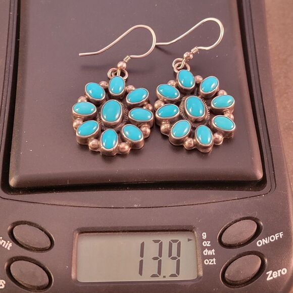 Sterling Zuni Native American Sleeping Beauty Blue Turquoise Drop Earrings - Picture 8 of 8